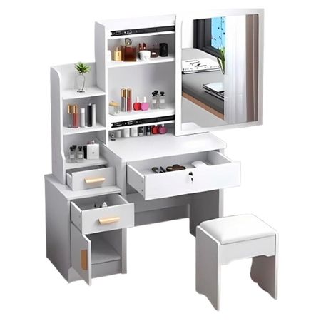 Tocador maquillaje espejo iluminado con 4 cajones y sillón Blanco