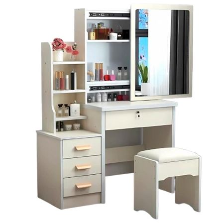 Tocador maquillaje espejo iluminado con 4 cajones y sillón Crema