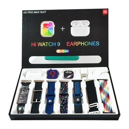 I30 PRO MAX, PACK 7 EN 1 - RELOJ SMARTWATCH  + AUDIFONO + CORREAS PLATA