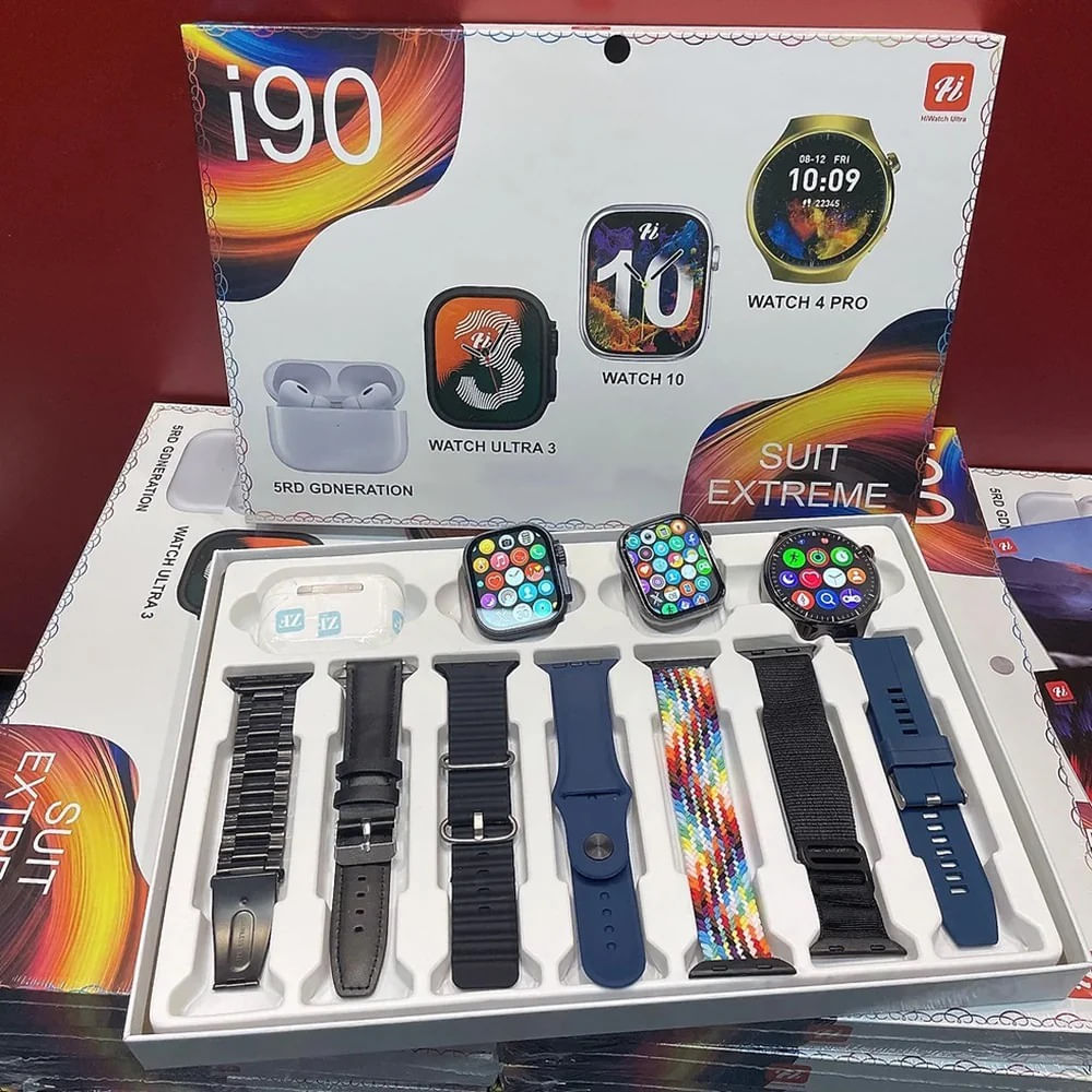 I90 SUIT, PACK 12 EN 1 - RELOJ SMARTWATCH  + AUDIFONO + CORREAS NEGRO