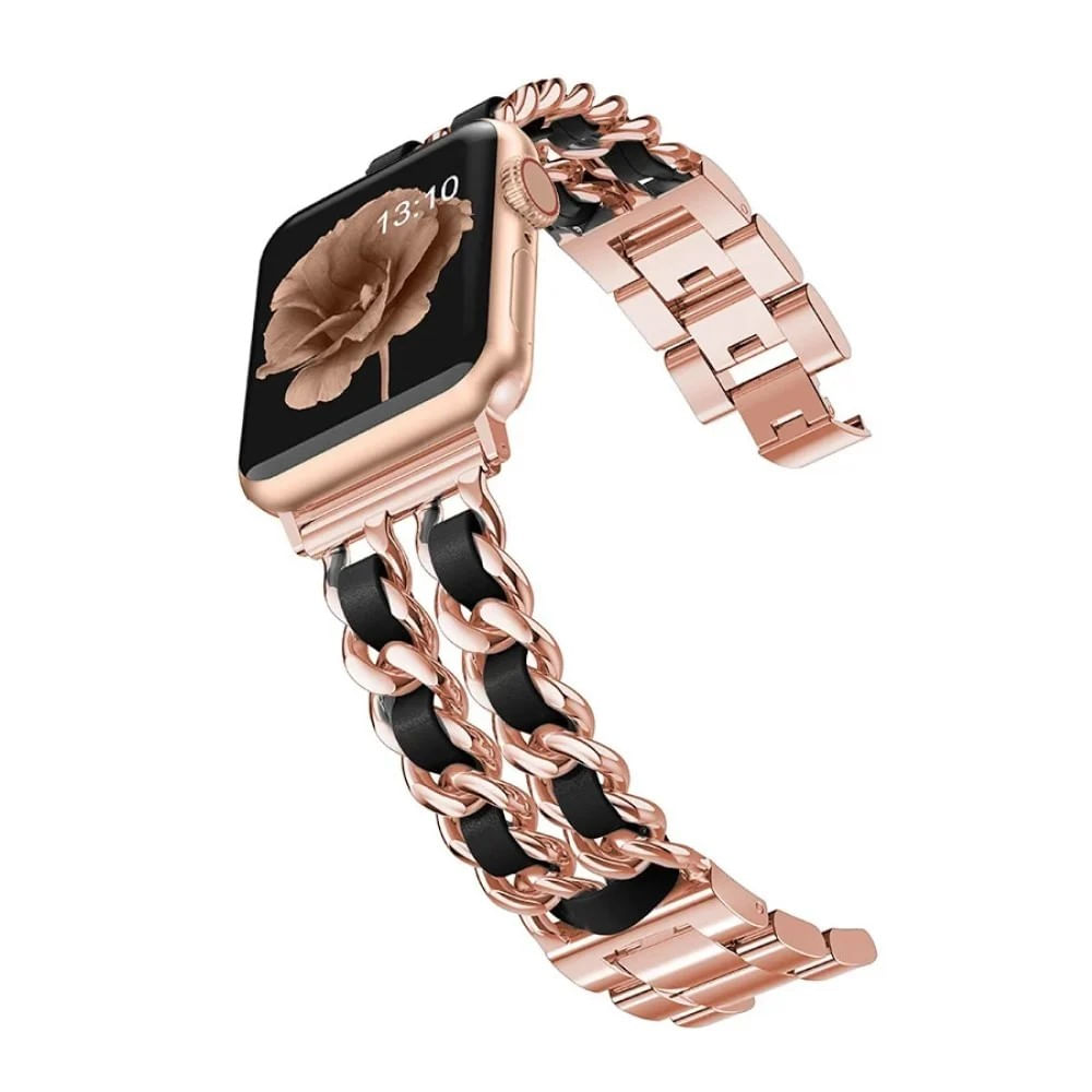 Correa Para Applewatch Y Watch Acero y Cuero 42 44 45 49mm Rosa gold Negro