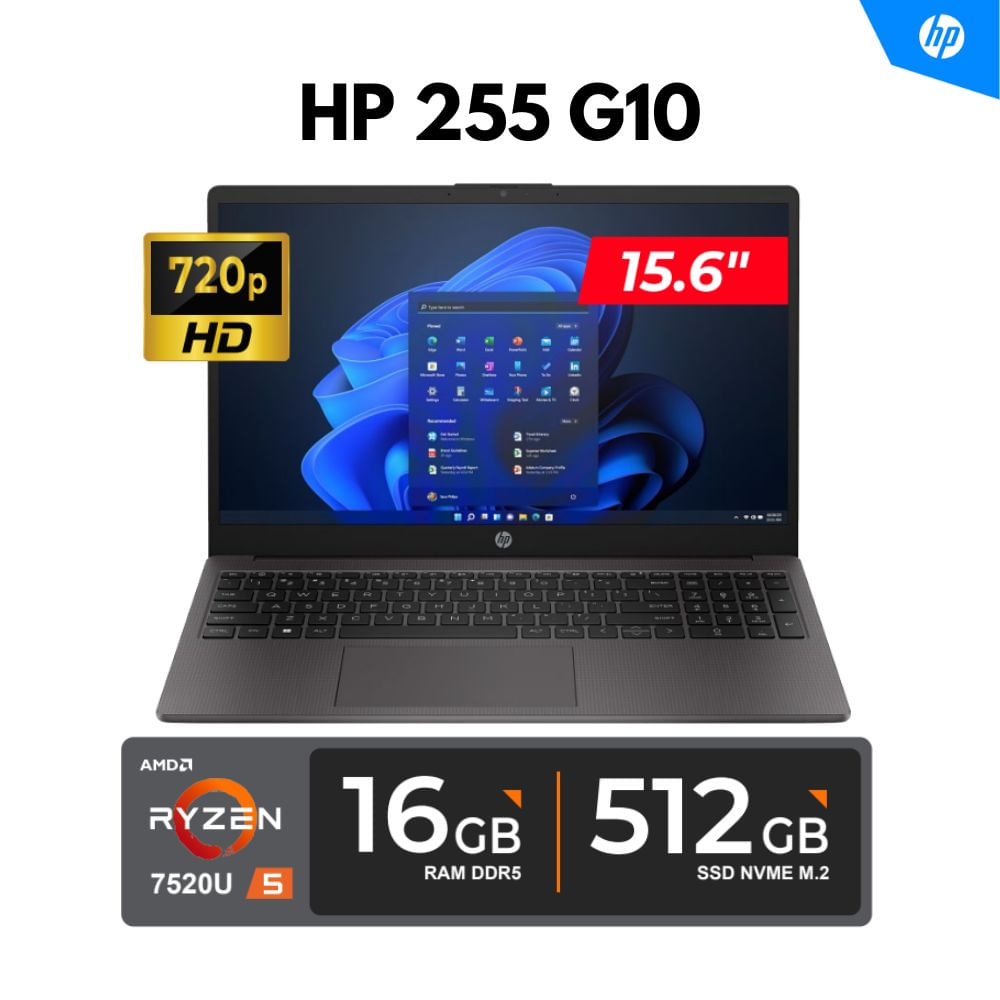 LAPTOP HP 255 G10 15.6"" HD LED AMD Ryzen 5 7520U 4.30GHz 16GB DDR5 - 6400MHz 512GB SSD FREEDOS