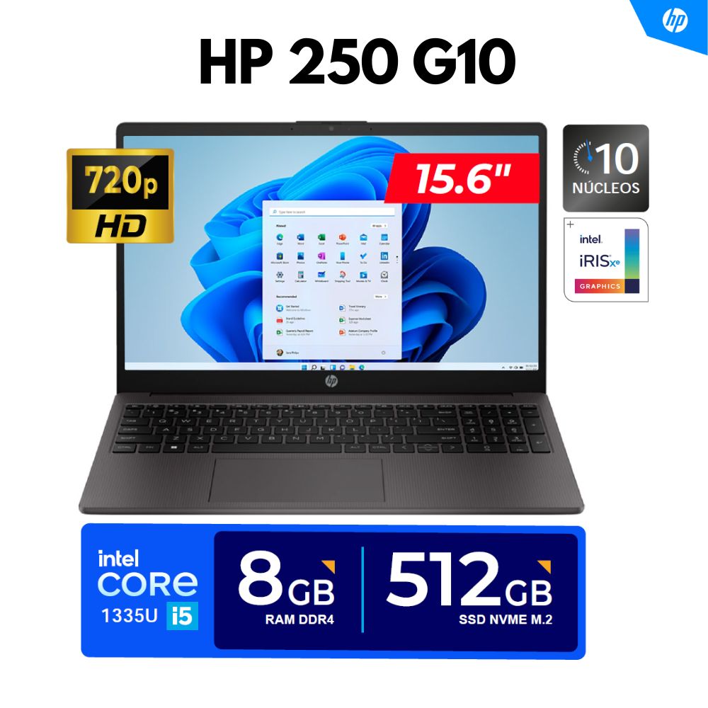 LAPTOP HP 250 G10  15.6"" HD LED  Core i5-1335U 4.60GHz 10 Núcleos 8GB DDR4-3200MHz 512GB SSD FREEDOS