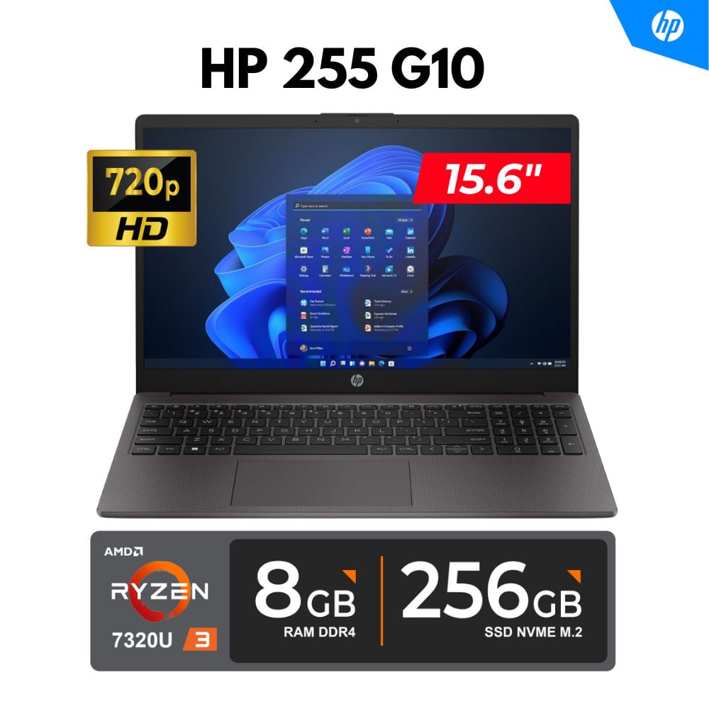 LAPTOP HP 255 G10 15.6"" HD LED AMD Ryzen 3 7320U 4.10GHz 8GB DDR4 - 3200MHz 256GB SSD FREEDOS