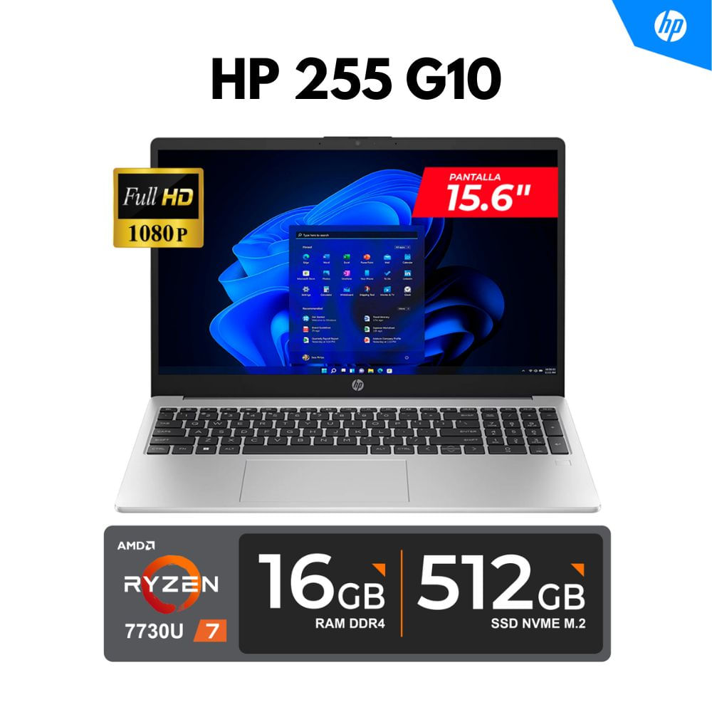 LAPTOP HP 255 G10 15.6"" FHD LED AMD Ryzen 7 7730U 4.50GHz 8 Núcleos 16GB DDR4 512GB SSD FREEDOS
