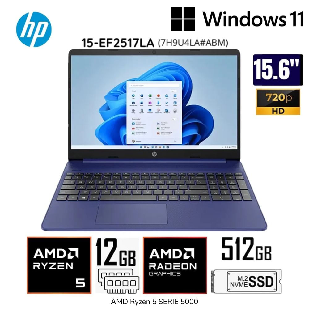 Laptop HP 15-EF2517LA AMD Ryzen5 5500U 12GB RAM 512GB SSD 15.6"" FHD (7H9U4LA#ABM)