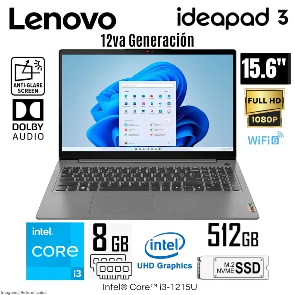 Laptop Lenovo IdeaPad 3 15IAU7 Intel Core i3-1215U 8GB RAM 512GB SSD 15.6"" FHD - 82RK00WCLM