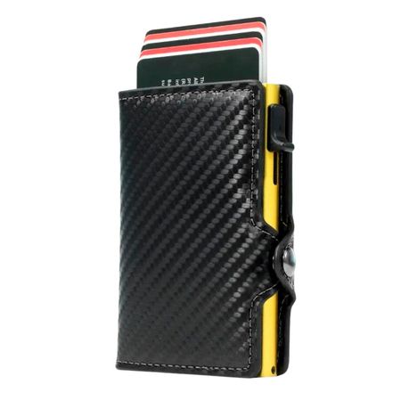 Billetera Tarjetero Color Fibra de Carbono Dorado De Aluminio Rfid Cuero Anti Clonación