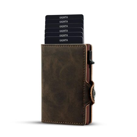 Billetera Tarjetero Color Marrón De Aluminio Rfid Cuero Anti Clonación