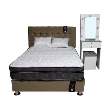 Dormitorio Coquette 2 Plz + Cabecera + Tocador + Puff - Beige Oscuro