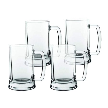 Vaso Cervecero de Vidrio con Asa 490ml Set de 4 Tazas Transparentes