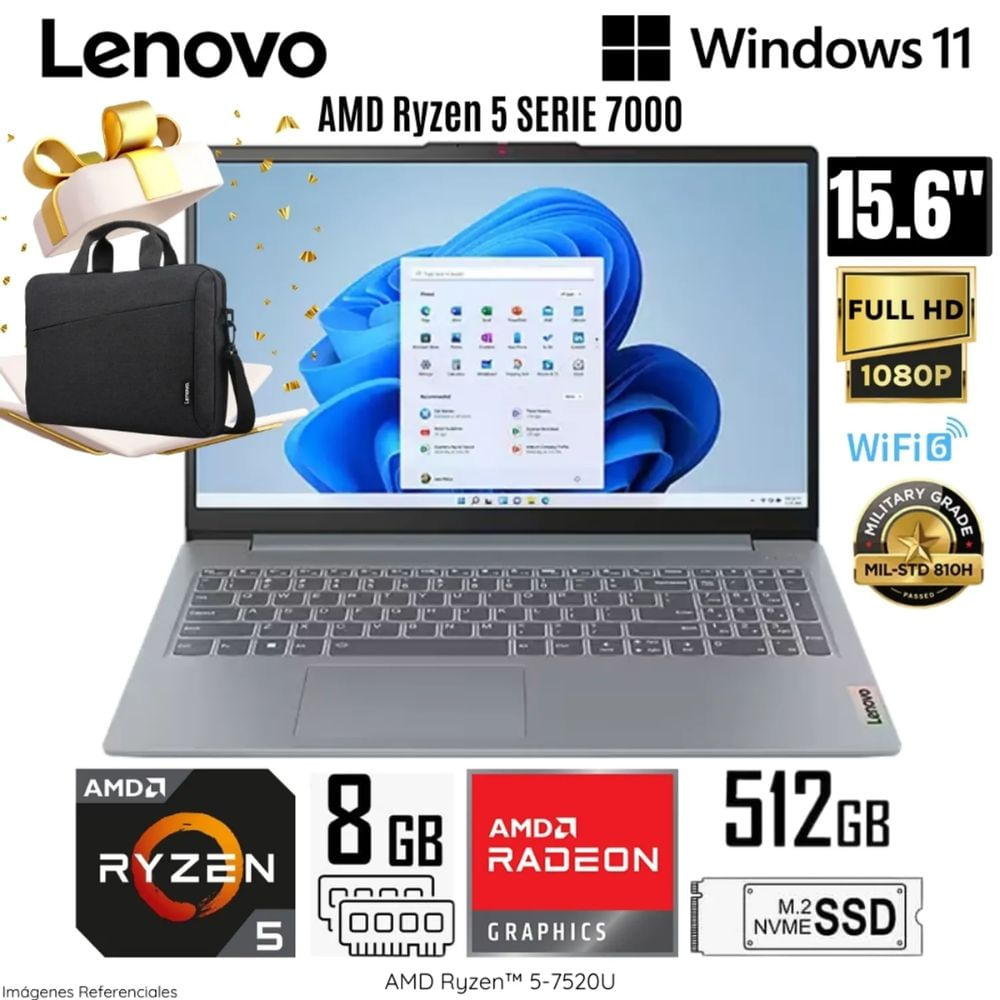 Laptop Lenovo Ideapad Slim 3 AMD Ryzen 5-7520U 8GB RAM 512GB SSD 15.6"" FHD 82XQ00N5LM + Maletín