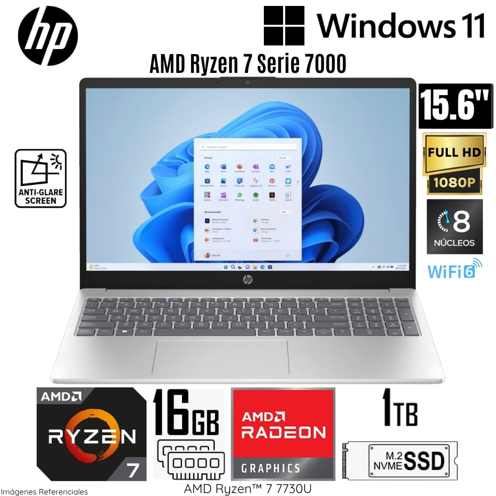 Laptop HP 15-FC0031LA AMD Ryzen 7 7730U 16GB RAM 1TB SSD 15.6"" FHD Windonws 11 Home - B12STLA#ABM