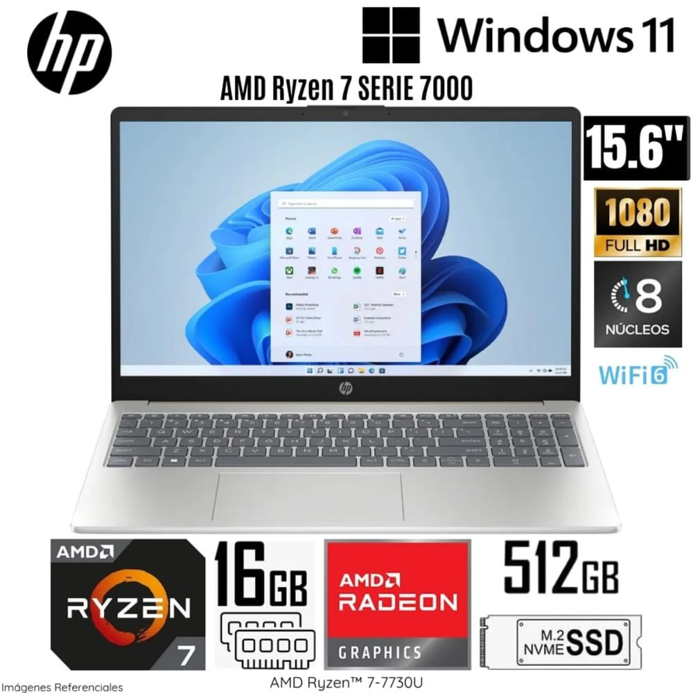 Laptop HP 15-FC0012LA AMD Ryzen 7-7730U 16GB RAM 512GB SSD 15.6"" FHD PLATEADO NATURAL