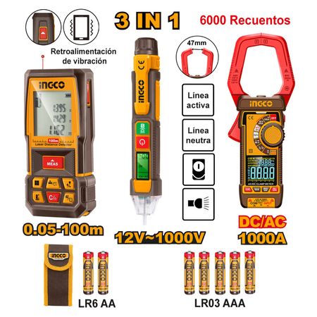 Kit Medidor de Distancia Ingco 100M   Amperímetro 1000A   Detector de Voltaje 12-1000V HLDD241202