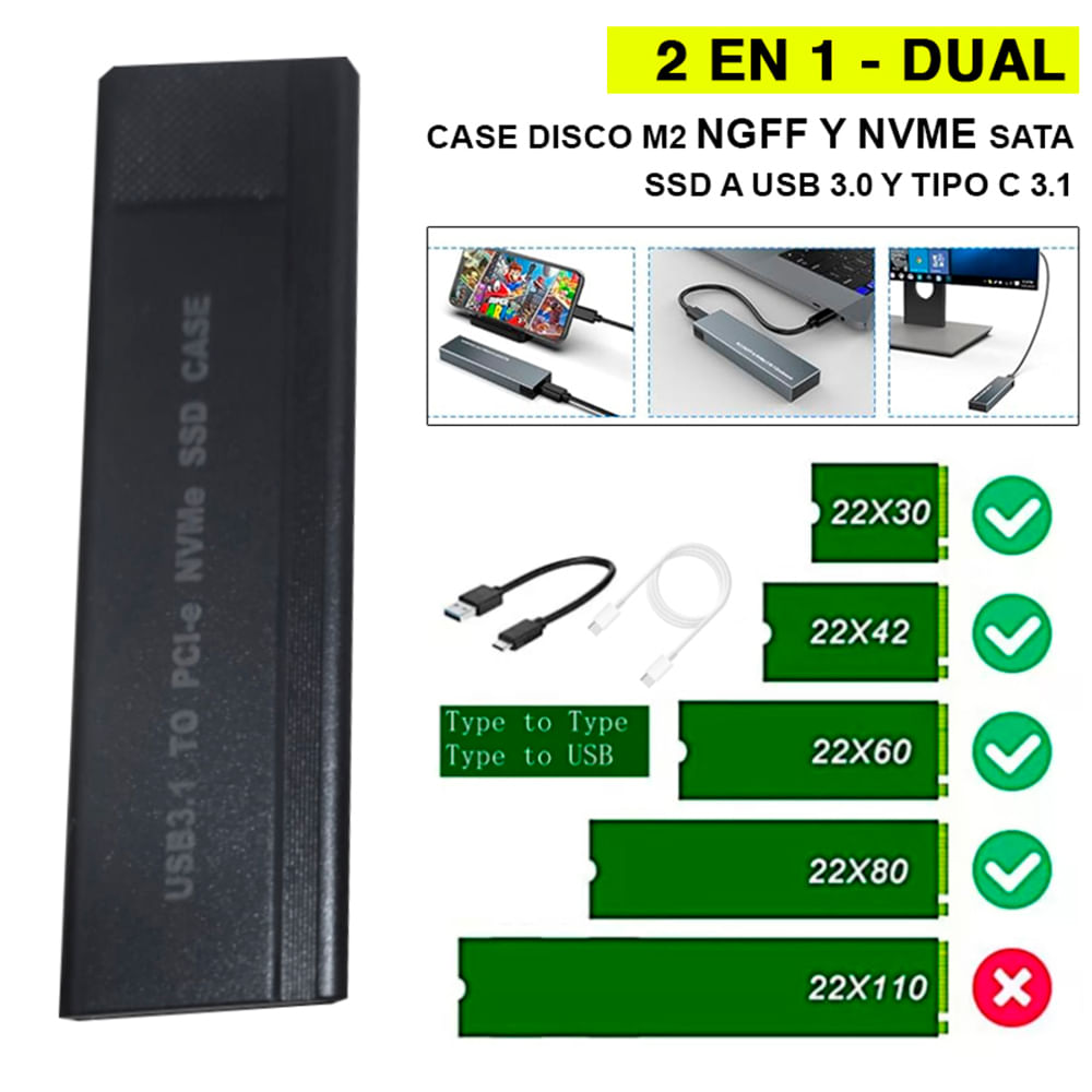 Case Disco M2 Ngff Nvme Sata DUAL A Usb 3.0 Y Tipo C 3.1