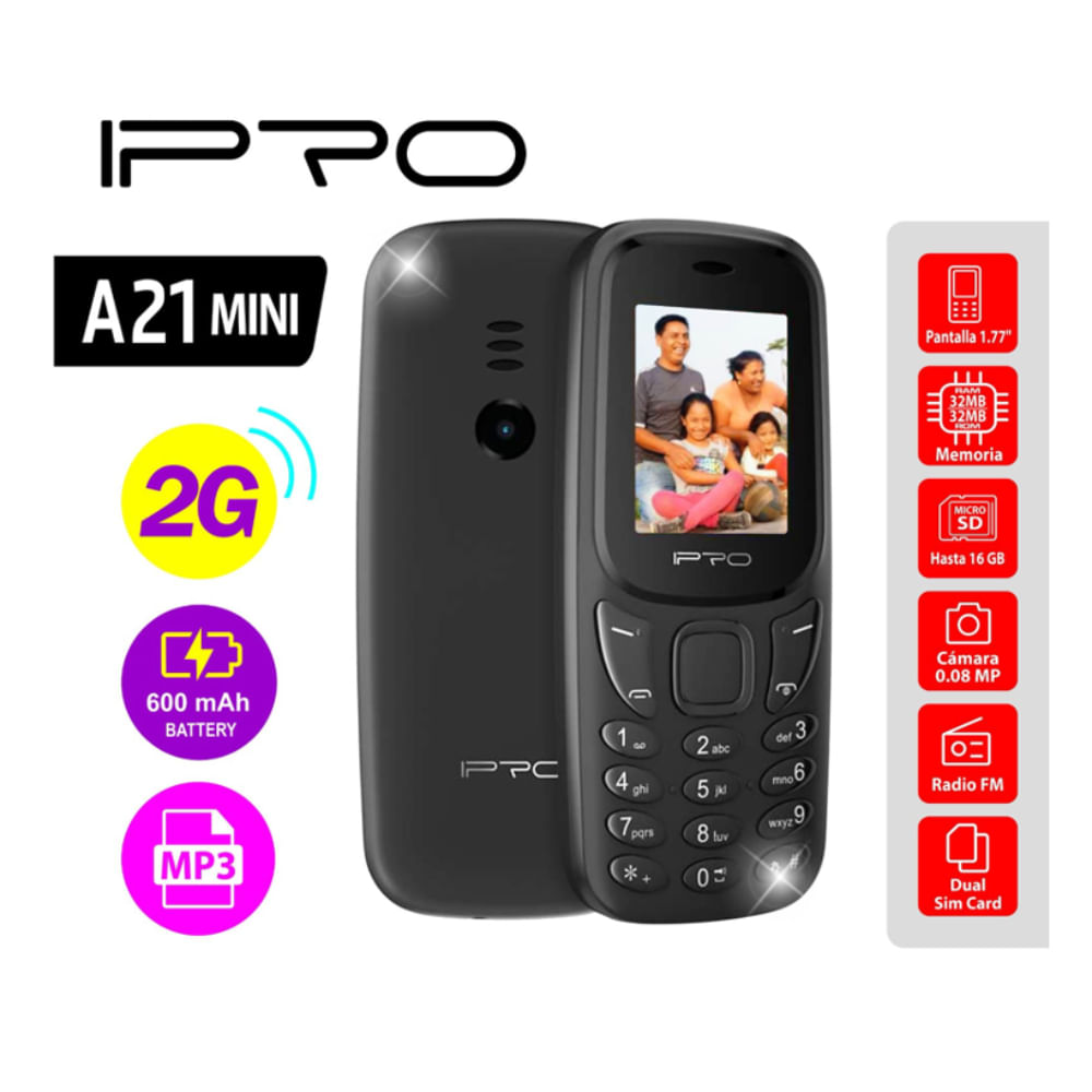 Celular Ipro A21 MINI 2G Beteria 800mAh,Radio FM Inalambrico, Negro