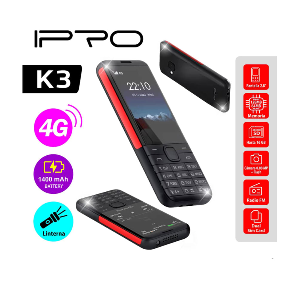 Celular Ipro K3 4G  Beteria 1400mAh,Radio FM Inalambrico,Negro