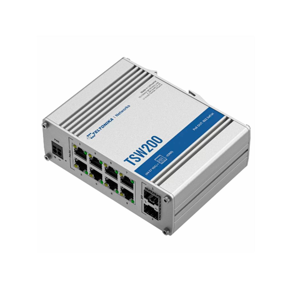 SWITCH TELTONIKA TSW200 8 PUERTOS RJ45 10/100/1000 MBPS 20 GBPS MONTAJE EN PARED P/N: TSW200