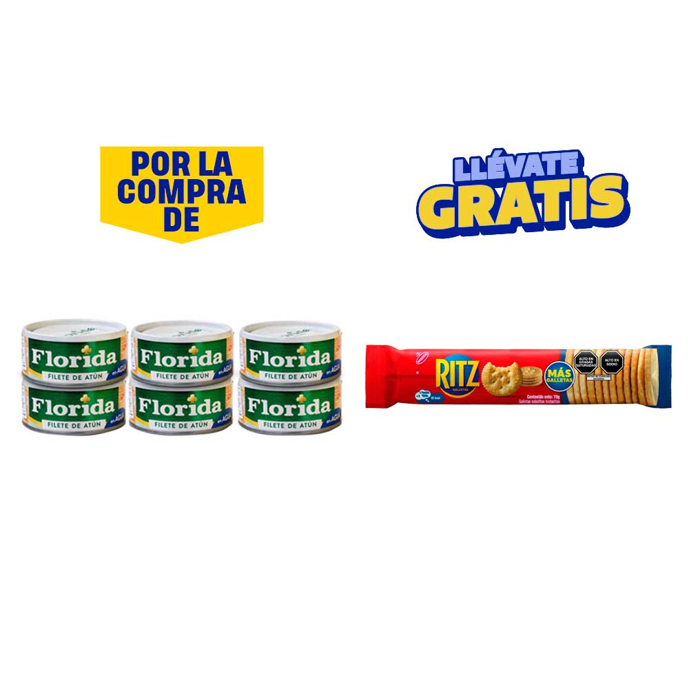 Pack Filete de Atún con Agua Florida Lata 140g Paquete 6un + Galletas Saladas RITZ Taco Paquete 70g