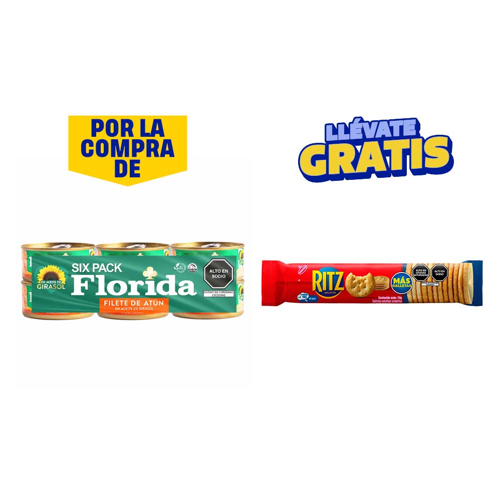Pack Filete de Atún FLORIDA en Aceite Girasol Paquete 6un Lata 140g + Galletas Saladas RITZ Taco Paquete 70g