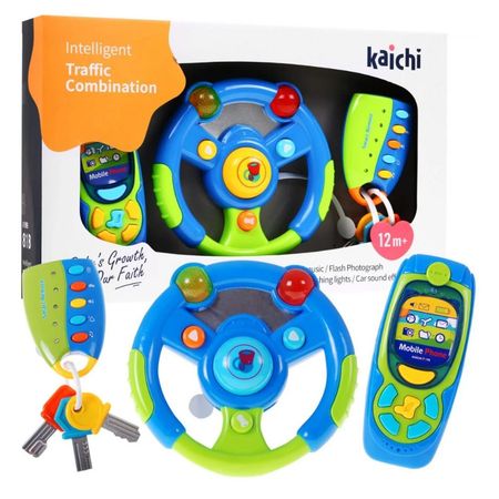 Set Timón Con LLave y Telefono Musical Con Luces Azul
