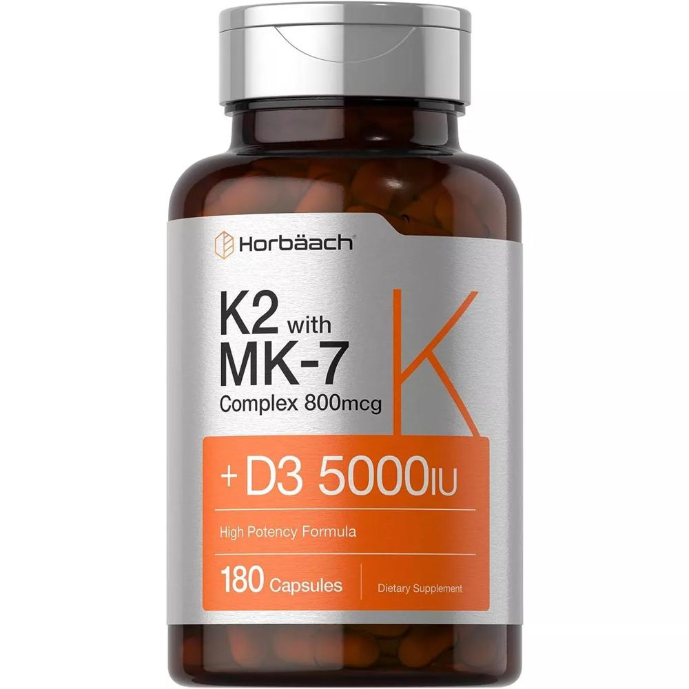 Vitamina K2 Complex con D3 5000 IU  800 mcg de MK7 plus MK4 Horbaach 180 Capsulas