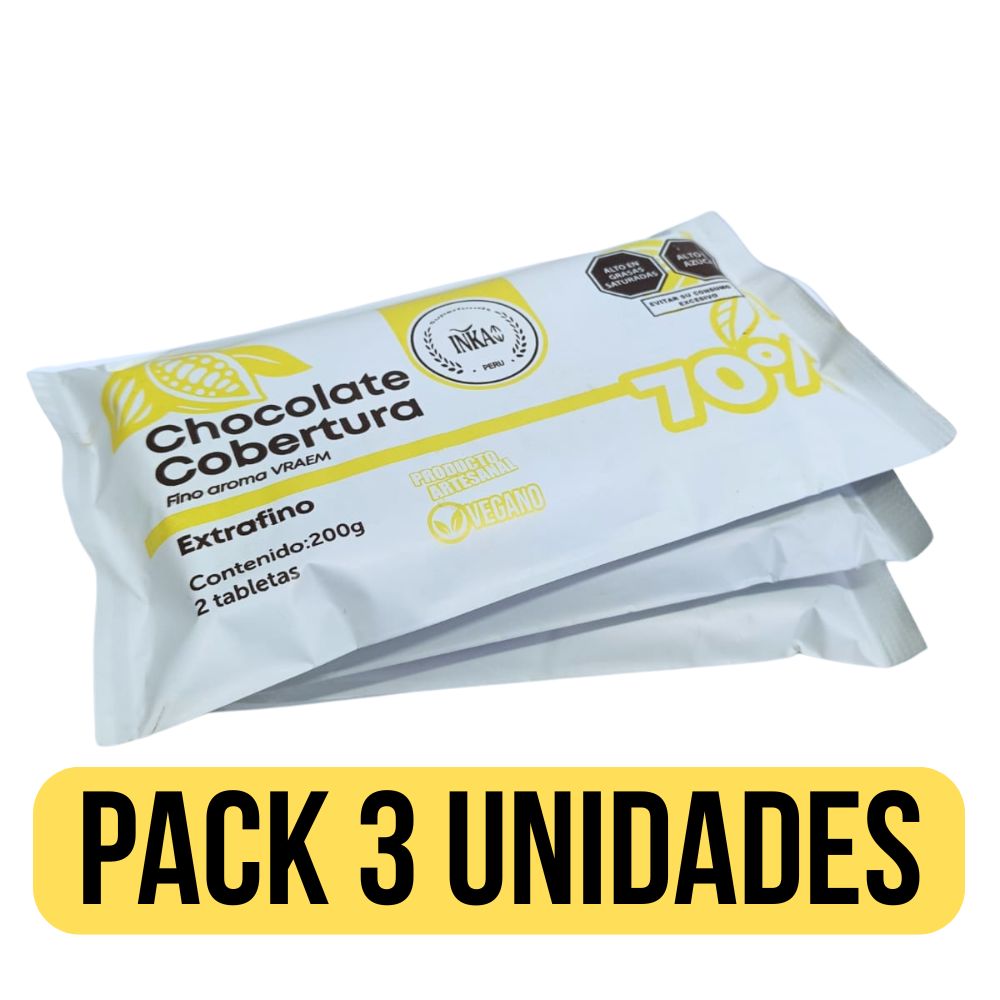 COBERTURA CHOCOLATE 70% CACAO PANELA INKAO 200 G X 3 UNID