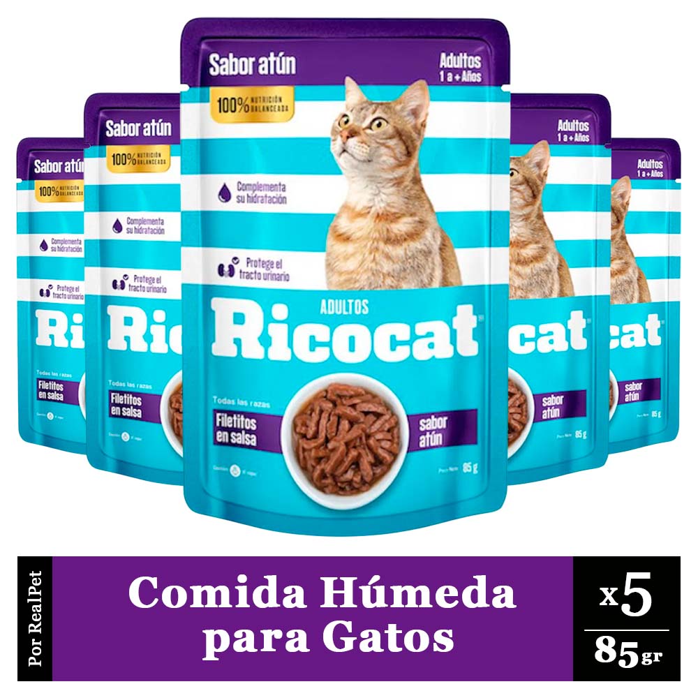 Pack x5 Comida Húmeda para Gato Ricocat Filetitos Atún 85gr