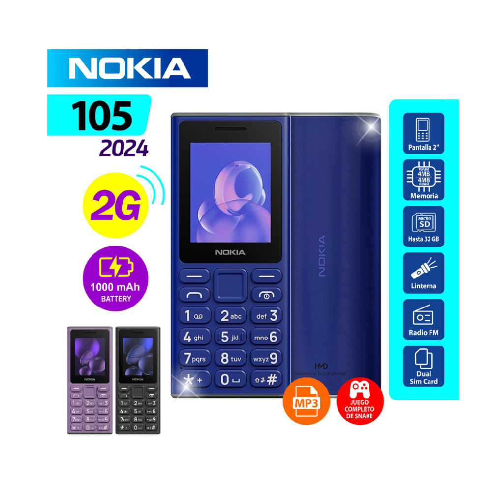 Celular Nokia 105 2G, Pantalla de 2"",Bateria 1000 mAh, Radio FM y MP3