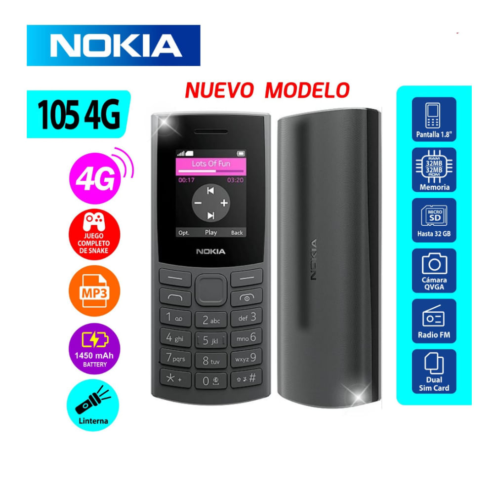 Celular Nokia 105 4G, Pantalla de 1.8"",Bateria 1450 mAh, Radio FM y MP3