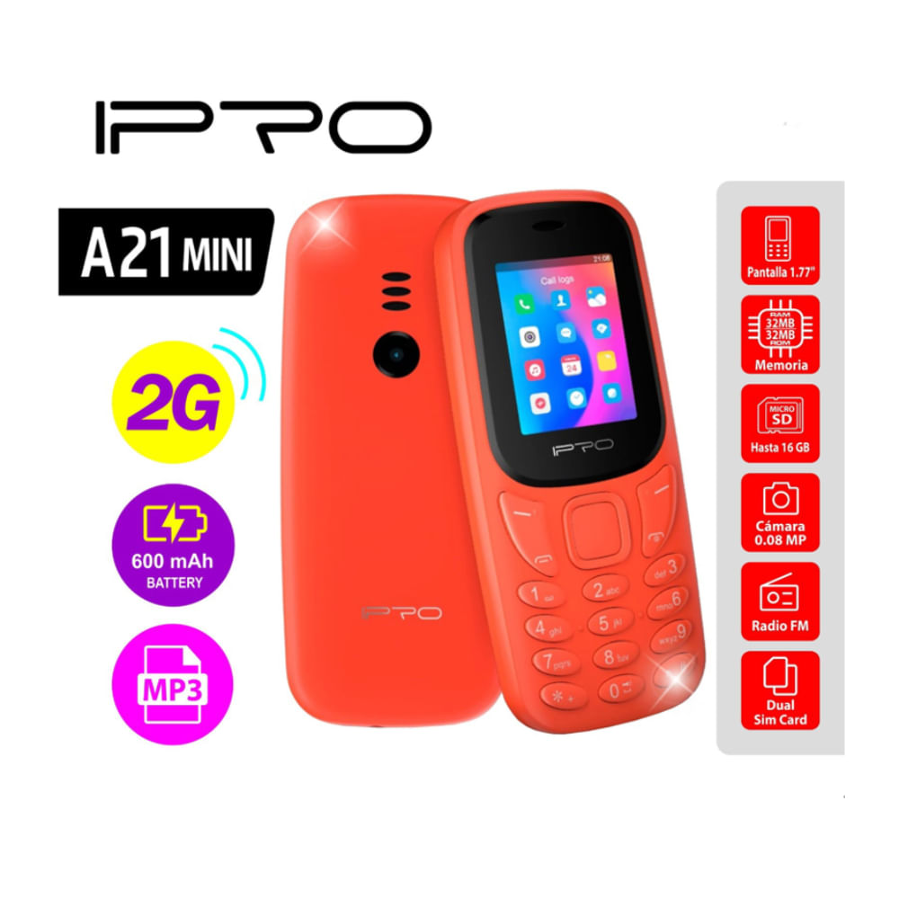 Celular Ipro A21 MINI 2G Beteria 800mAh,Radio FM Inalambrico,Naranja