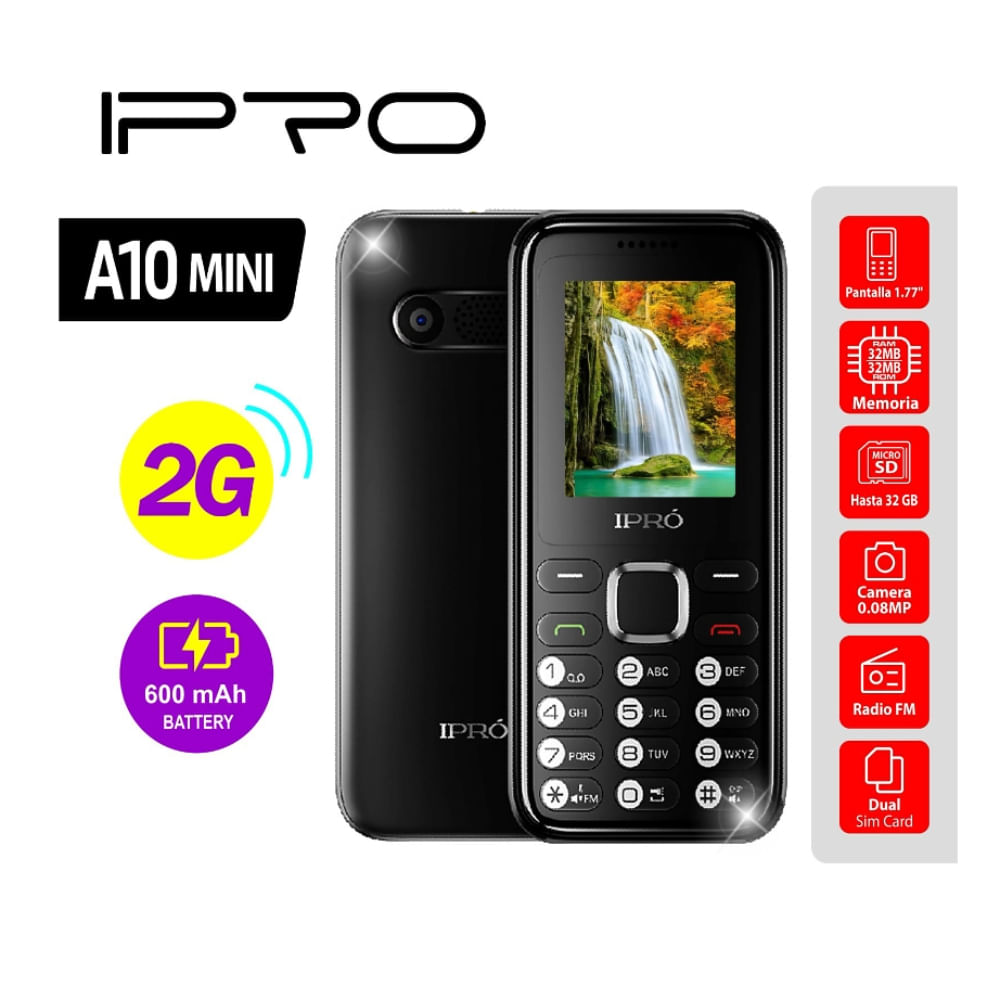 Celular Ipro A10 MINI 2G Beteria 800mAh,Radio FM Inalambrico, Negro