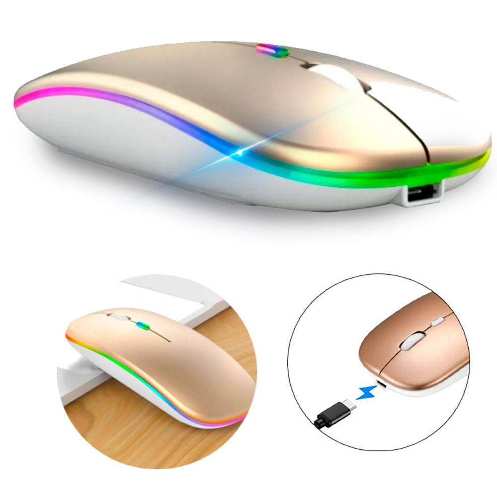 Mouse inalambrico recargable DUAL Bluetooth Oro + Luces
