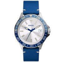 Reloj Fossil Bannon BQ2690 Para Hombre Fecha Correa Cuero Azul Dial Plateado