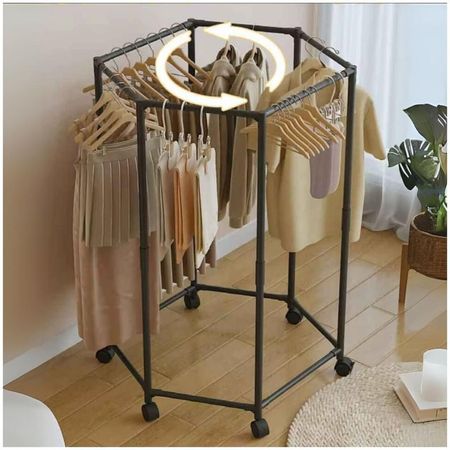 Estante de ropa giratorio hexagonal con ruedas Negro