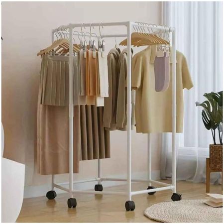 Estante de ropa giratorio hexagonal con ruedas Blanco