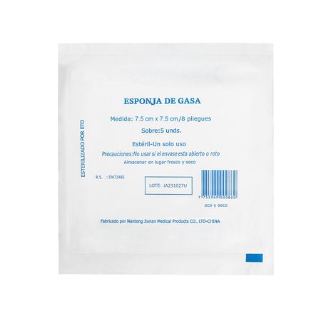 Esponja de Gasa Estéril Absorbente de 7.5 X 7.5 CM CAJA 50 UND