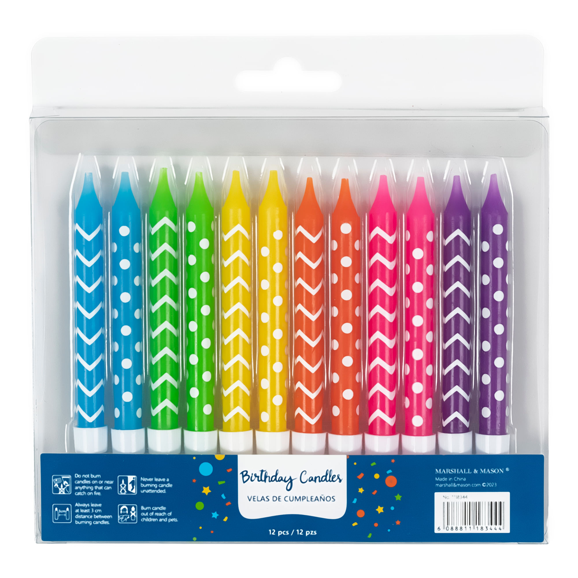 Velas de cumpleaños impresas olas y puntos x12 con bases MARSHALL & MASON