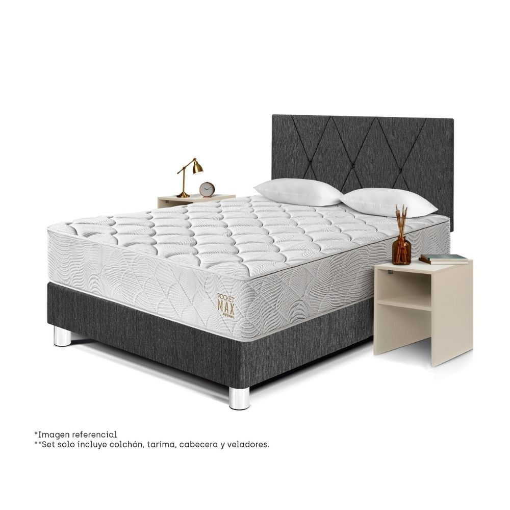 Combo Dormitorio Paraiso Pocket Max 2 plazas Charcoal + 2 Veladores