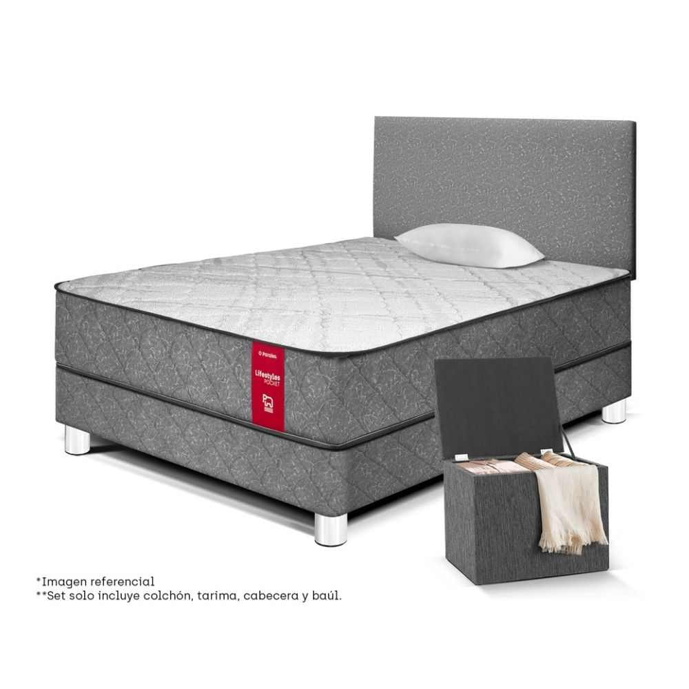 Combo Dormitorio Paraiso Lifestyles Poket 1.5 plazas Plata + Baúl