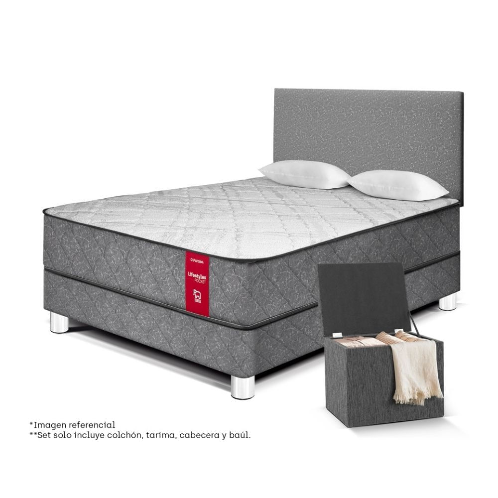 Combo Dormitorio Paraiso Lifestyles Poket 2 plazas Plata + Baúl