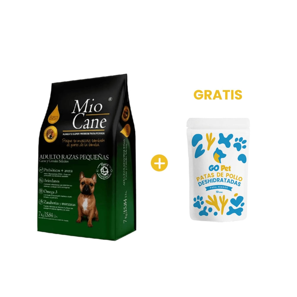 Mio Cane Super Premium Adulto Razas Pequeñas 7 Kg y GRATIS Go Pet Patas de Pollo Deshidratadas x 10