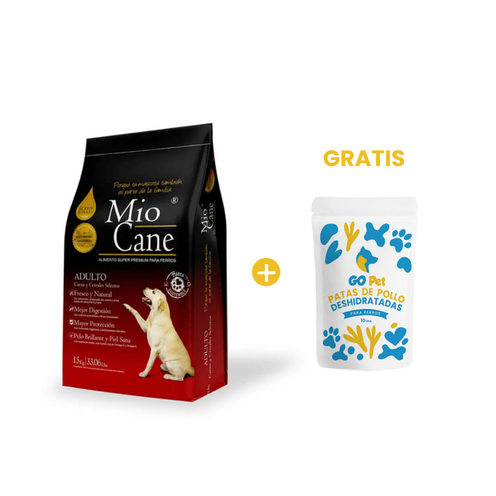 Mio Cane Super Premium Adulto 15 Kg y GRATIS Go Pet Patas de Pollo Deshidratadas x 10