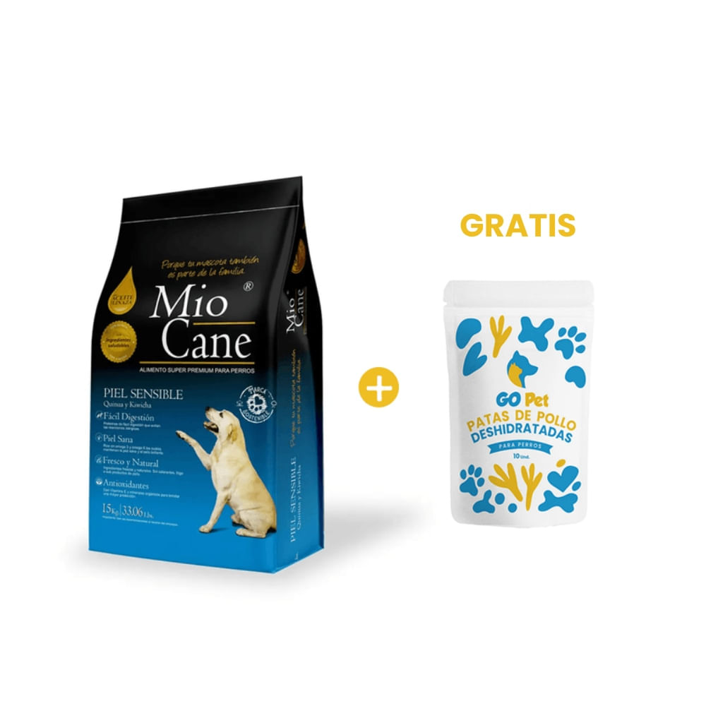 Mio Cane Super Premium Piel Sensible 15 Kg y GRATIS Go Pet Patas de Pollo Deshidratadas x 10
