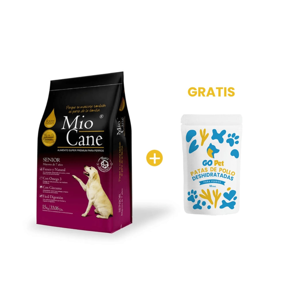 Mio Cane Super Premium Senior 15 Kg y GRATIS Go Pet Patas de Pollo Deshidratadas x 10