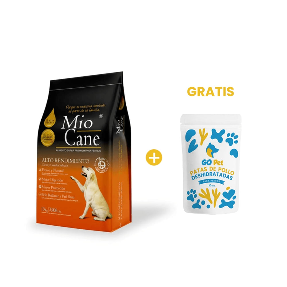 Mio Cane Super Premium Alto Rendimiento 15 Kg y GRATIS Go Pet Patas de Pollo Deshidratadas x 10
