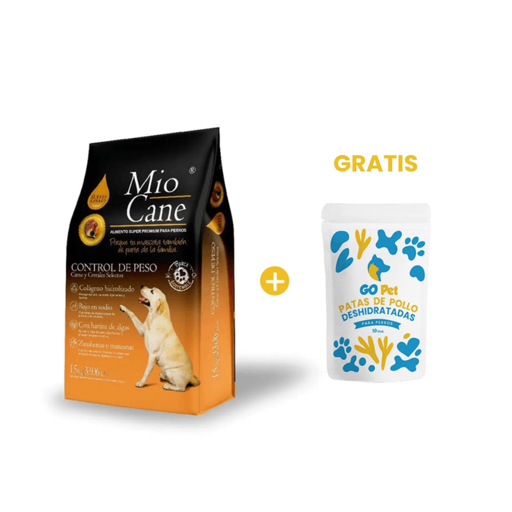 Mio Cane Super Premium Control de Peso 15 Kg y GRATIS Go Pet Patas de Pollo Deshidratadas x 10