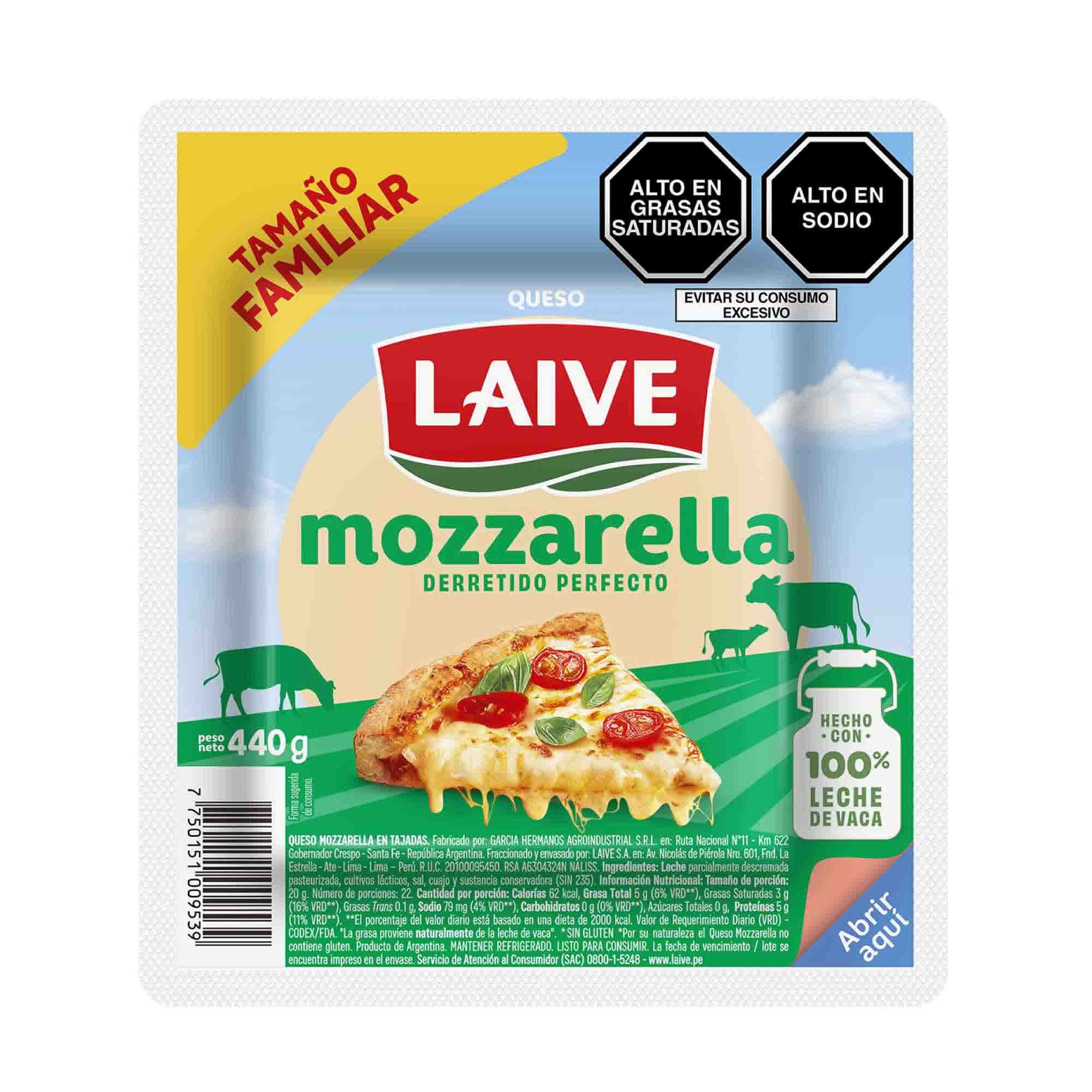Queso Mozzarella en Tajadas LAIVE Paquete 440g
