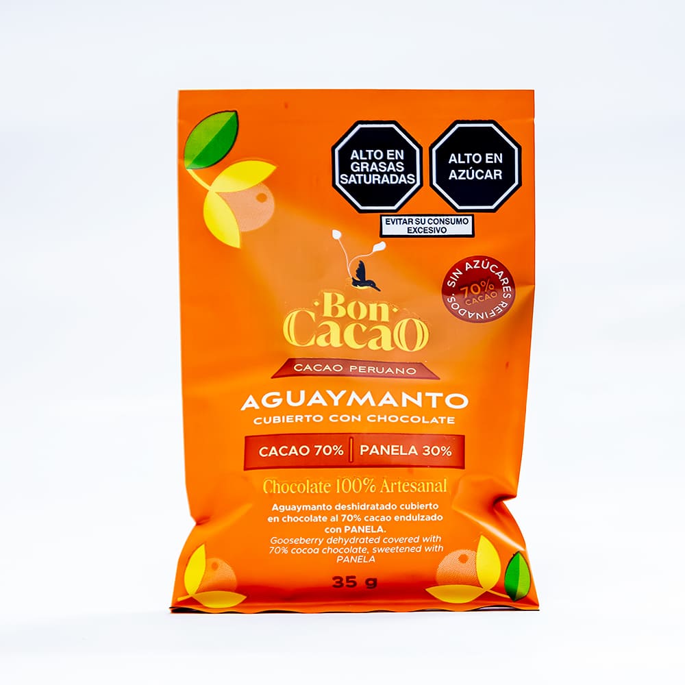 Aguaymanto Grageado con Chocolate de 70% Cacao Endulzado con Panela Boncacao 35g